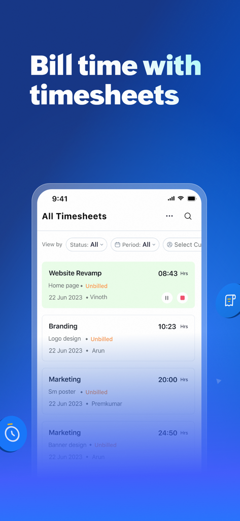 Zoho Books app interface showing unbilled project timesheets for website revamp and branding