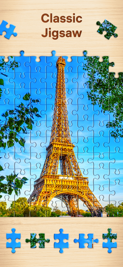 Classic jigsaw puzzle gameplay featuring the Eiffel Tower landmark