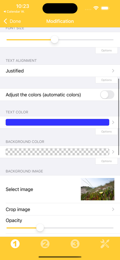 Interface para personalização de alinhamento de texto, cores e imagens de fundo do widget de notas.