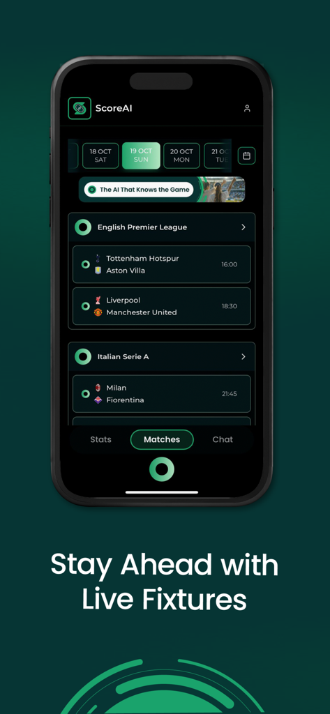 ScoreAI - ScoreAI mobile app displaying upcoming live football fixtures and league schedules.