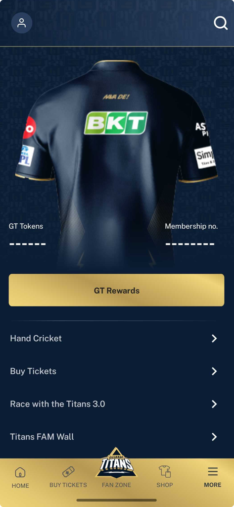 Titans FAM - Gujarat Titans app fan zone interface showing rewards and membership details