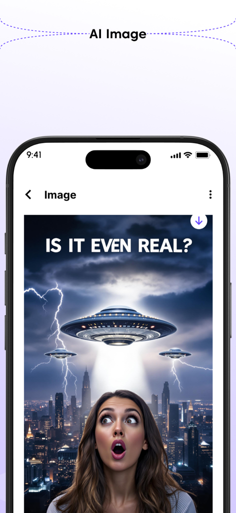 Voops AI:Image & Video Creator - Interfaz móvil de Voops AI que muestra una imagen cinemática generada por IA de OVNIs sobre una ciudad con una mujer sorprendida.