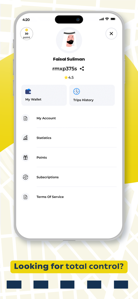 Captain One Driver - The profile and settings dashboard of the Captain One Driver app showing ratings and earnings