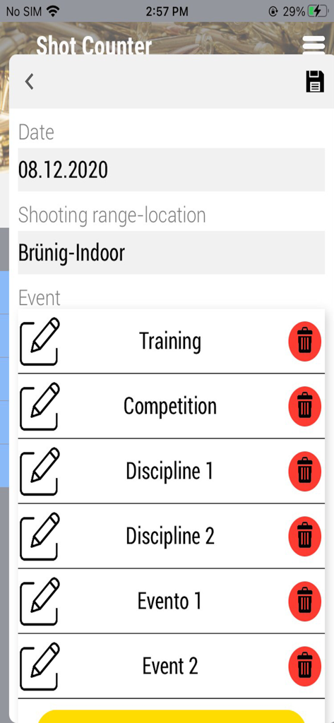 Interfaz de la aplicación Shot Counter que muestra una nueva entrada de tiro con campos para fecha, ubicación y selección del tipo de evento