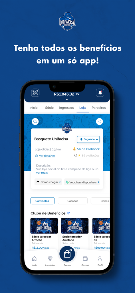 Basquete Unifacisa - Interface do aplicativo Basquete Unifacisa exibindo a loja oficial e opções de associação de torcedores