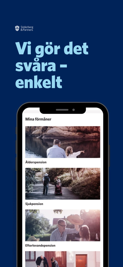 Söderberg & Partners - Online - Soderberg and Partners mobile app interface showing various pension and insurance benefit categories