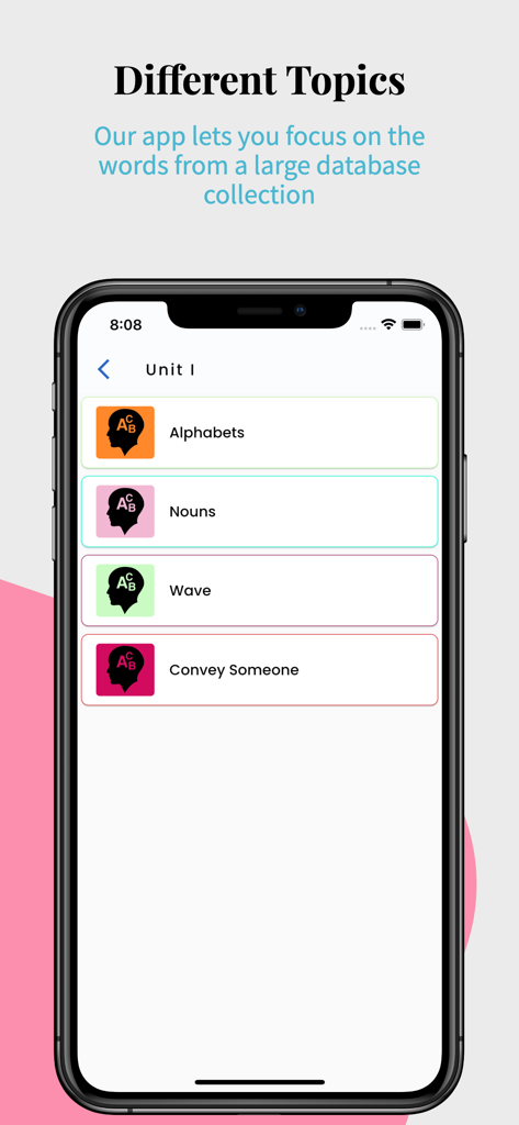 Interface de l'application Learn Turkish Language Easily affichant des unités d'apprentissage telles que les alphabets et les noms.
