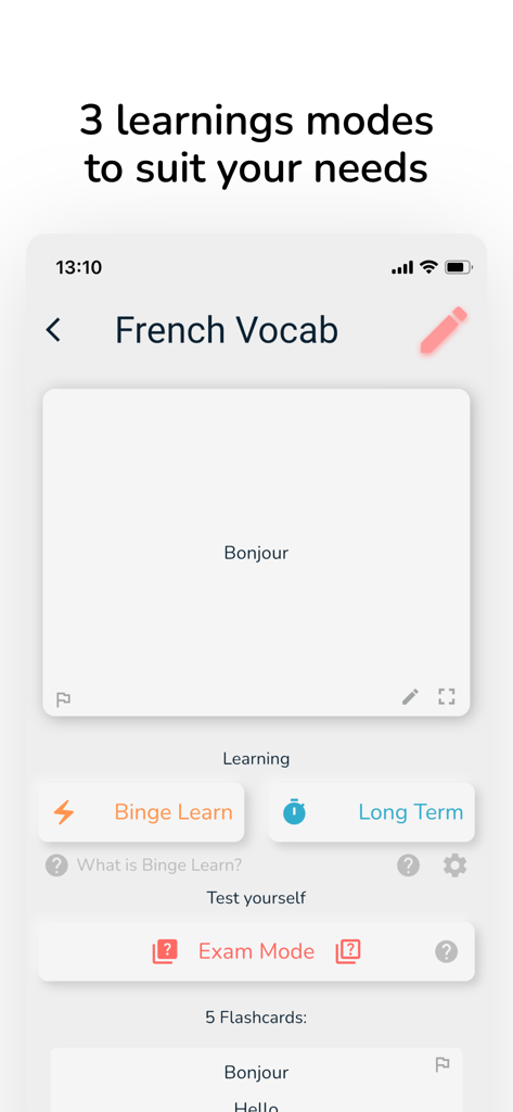 OutLearn: Spaced Repetition - OutLearn app interface showing three study options Binge Learn Long Term and Exam Mode