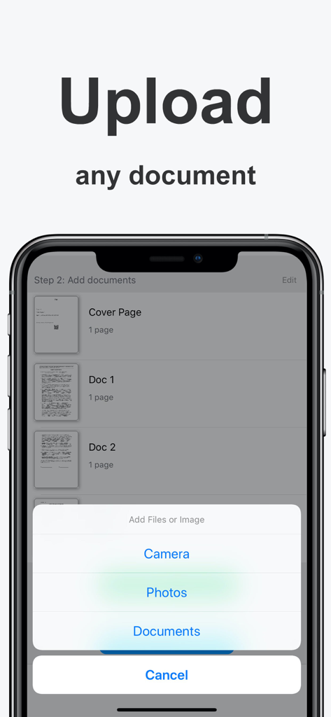 Interface of FaxGun app on iPhone for uploading and scanning documents to fax