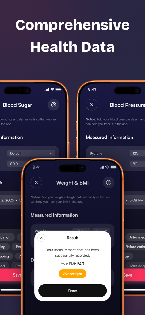 Mobile app interface showing blood sugar blood pressure and BMI tracking modules in Pulse Care Wellness Hub