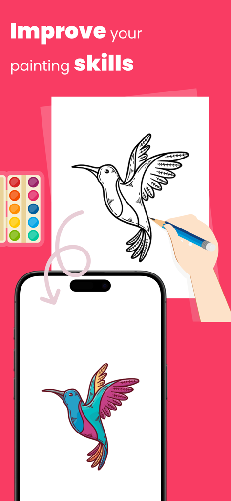 AR Draw : Trace To Sketch - Une main traçant un dessin de colibri à partir d'un écran de smartphone sur du papier à l'aide de l'application AR Draw