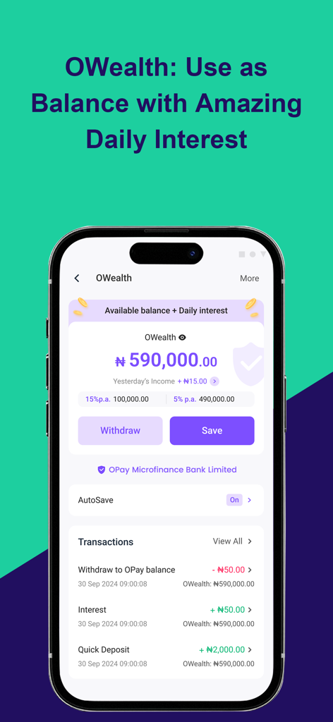 OPay OWealth dashboard showing account balance and daily interest rates