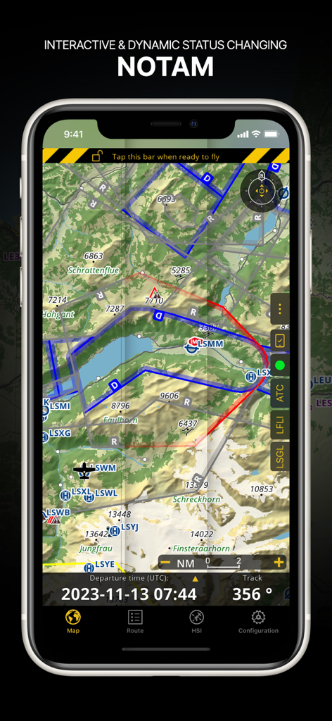 Air Navigation Pro - Air Navigation Pro interface displaying dynamic NOTAM information on a topographical aeronautical map