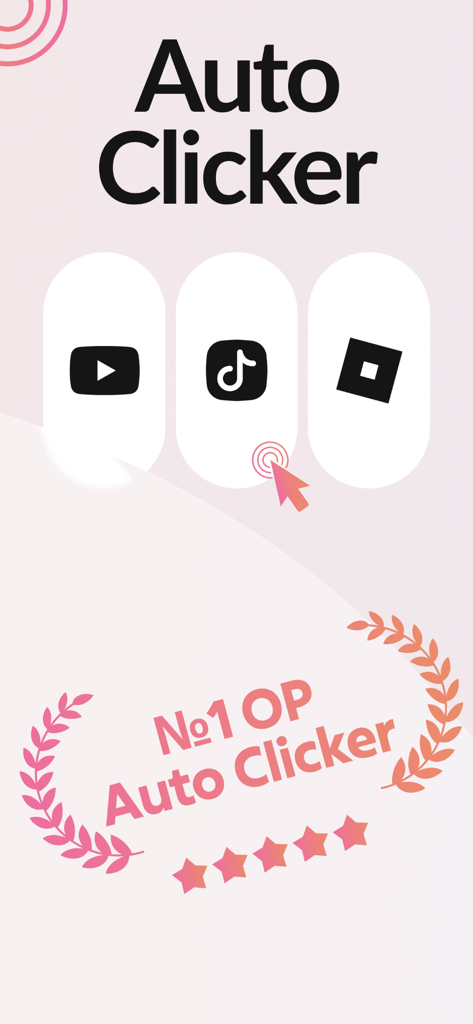 OP Auto Clicker- Automatic Tap - Pantalla promocional de la aplicación OP Auto Clicker con íconos de YouTube, TikTok y Roblox con una calificación de cinco estrellas
