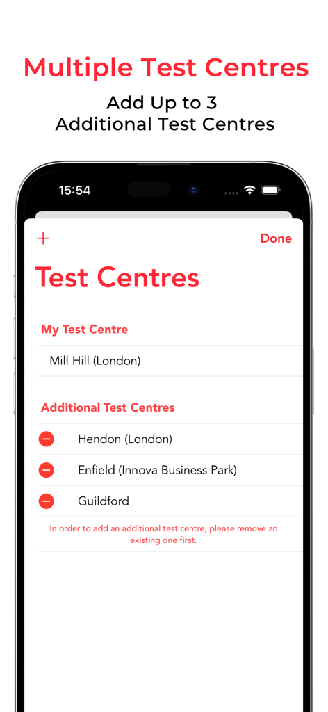 Interface showing the selection of multiple driving test centres in the Testi app to monitor for cancellations