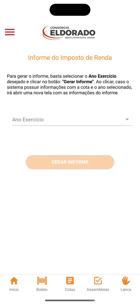 Interface do aplicativo Consórcio Eldorado para geração de informe de imposto de renda