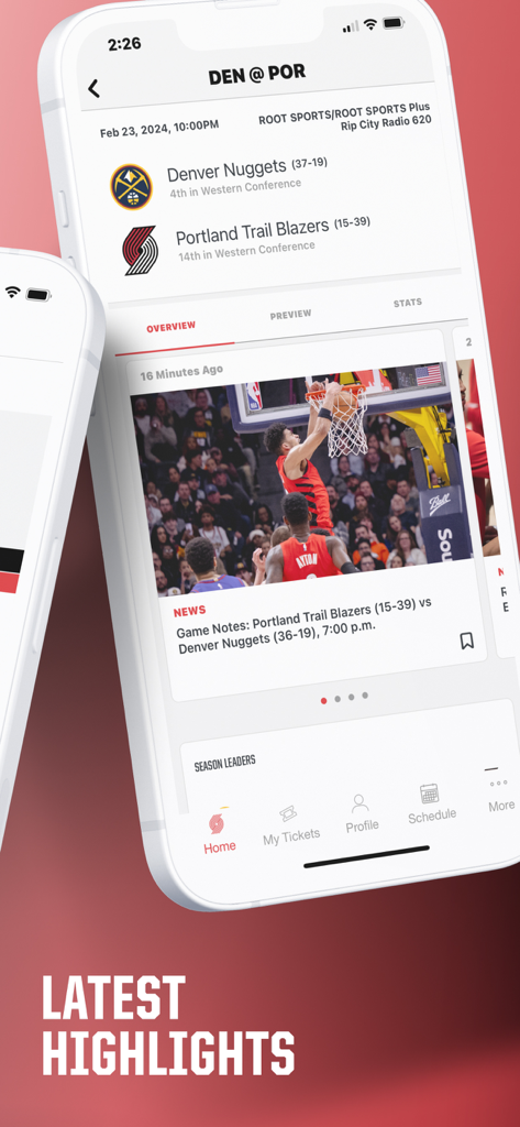 Portland Trail Blazers - Oberfläche der Portland Trail Blazers App, die die neuesten Spiel-Highlights und Teamstatistiken anzeigt