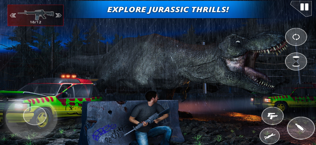 Dinosaur Hunting Jurassic Zone - A hunter with a rifle crouching behind a barrier while a giant T-Rex roars in a rainy forest