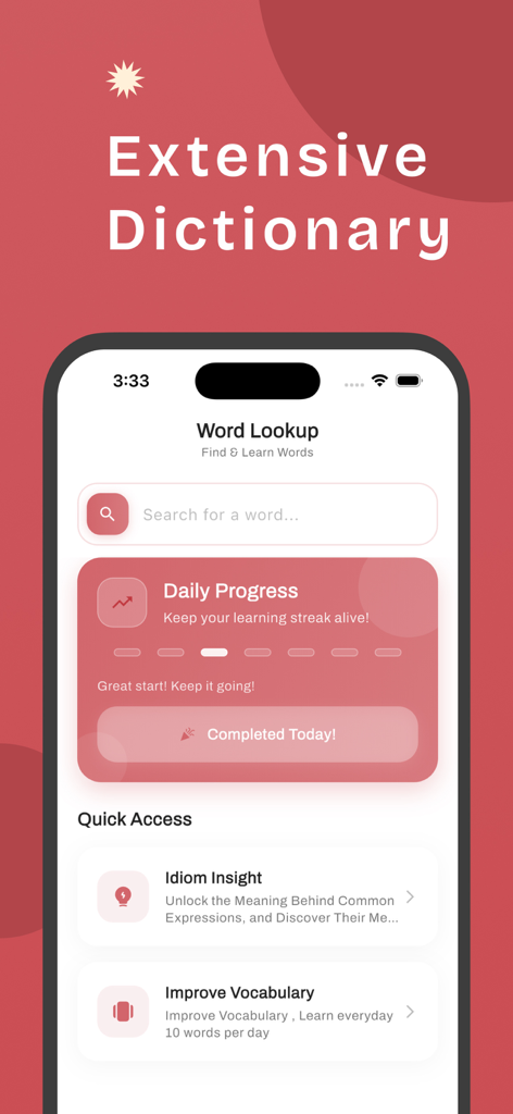 English Punjabi Translator + - Screenshot of the English Punjabi Translator app showing the Word Lookup feature with daily progress tracking and vocabulary tools.