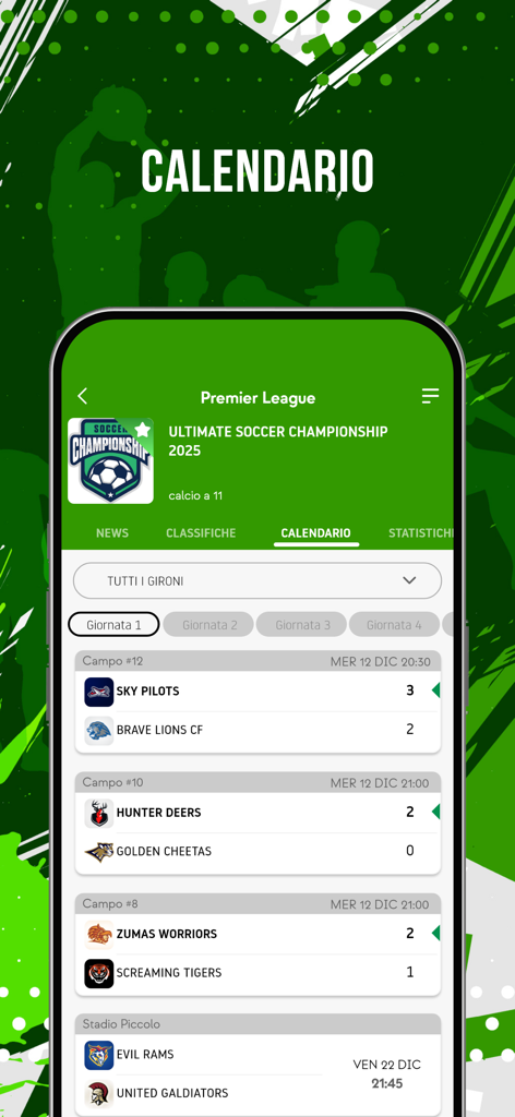 Enjore - Interfaz de la aplicación Enjore que muestra un calendario de partidos de torneos de fútbol y los resultados de los equipos