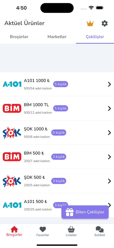 Aktüel Ürünler - Tüm Marketler - List of supermarket sweepstakes for A101, BIM, and SOK stores in the Aktuel Urunler app