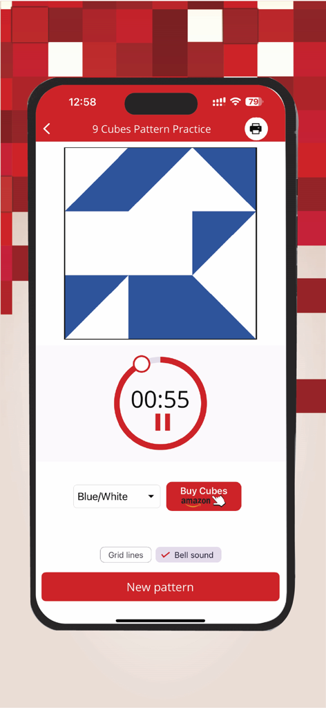 Block Design Test Practice - Interface of the Block Design Test Practice app showing a blue and white geometric pattern with a countdown timer