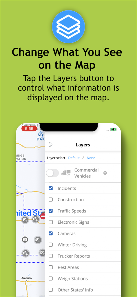 KanDrive - KanDrive app screen showing map layer selection for traffic incidents cameras and road conditions