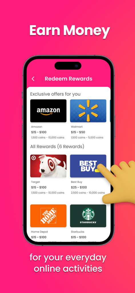 A hand selecting a Best Buy gift card from a list of rewards including Amazon and Walmart in the Poll Pay app