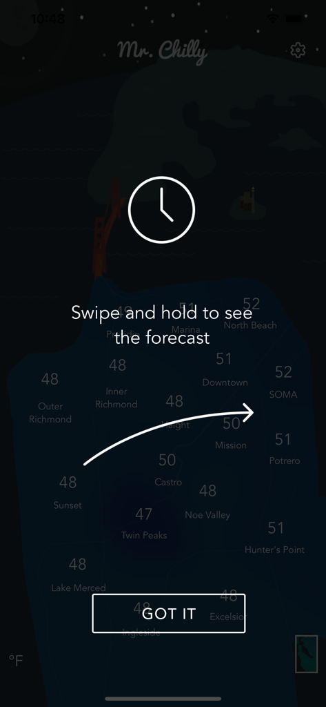 Tutorial screen of the Mr. Chilly app showing a swipe gesture to view San Francisco neighborhood weather forecasts on a heatmap.