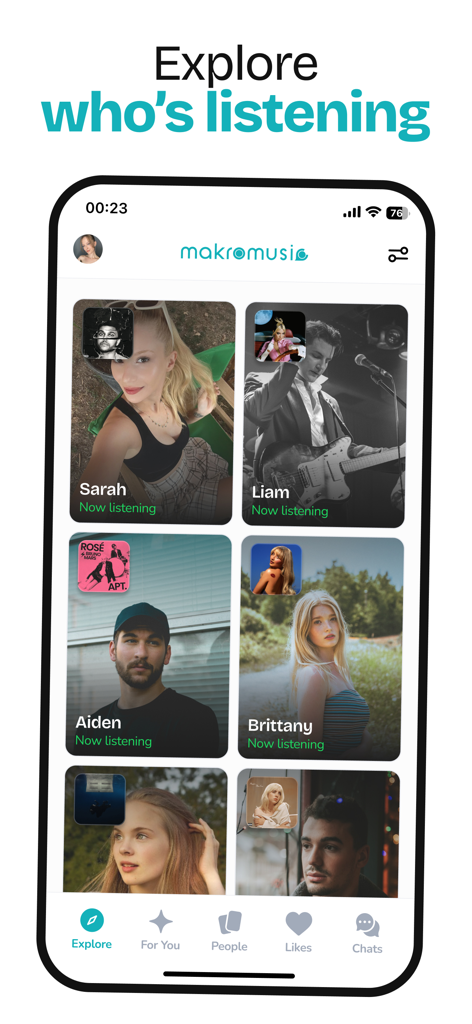makromusic Dating for Spotify - The Explore screen of the makromusic app showing user profiles and what they are currently listening to on Spotify