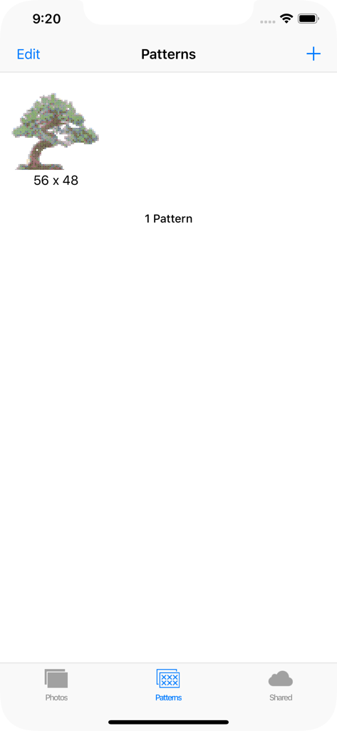 Stitched—Cross-stitch Patterns - A list of saved cross-stitch patterns in the Stitched app showing a small tree design.