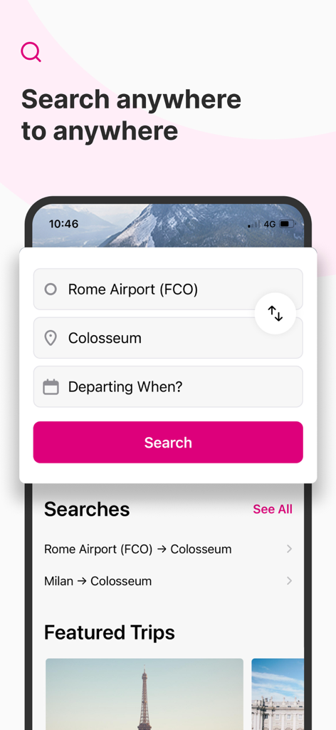 Rome2Rio: Trip Planner - Interfaccia dell'app Rome2Rio che mostra una ricerca dall'aeroporto di Roma al Colosseo