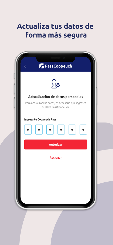 PassCoopeuch - PassCoopeuch mobile app interface for authorizing personal data updates using a security code