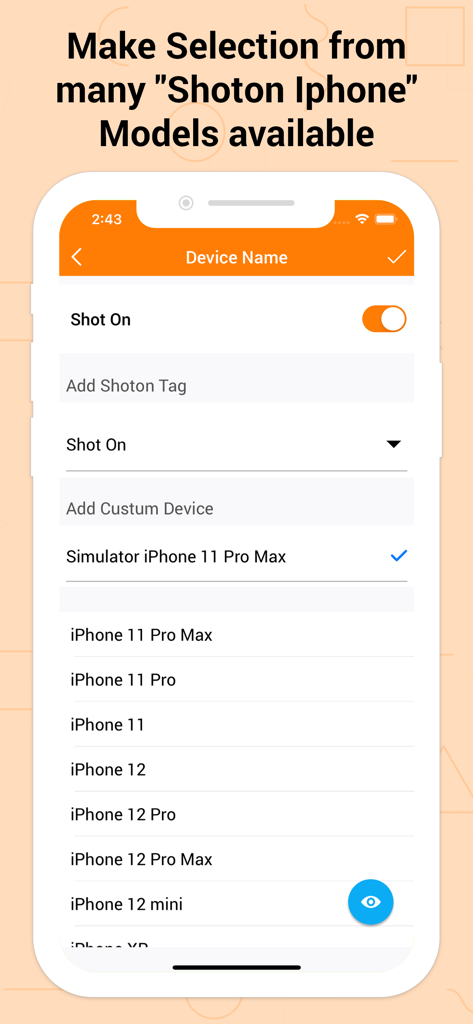 A screen showing a list of iPhone models to select for a Shot On watermark tag