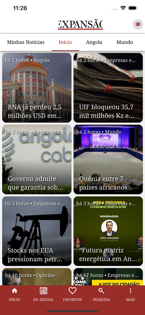 Pantalla de la aplicación Quiosque Nova Vaga mostrando artículos de noticias del periódico Expansao