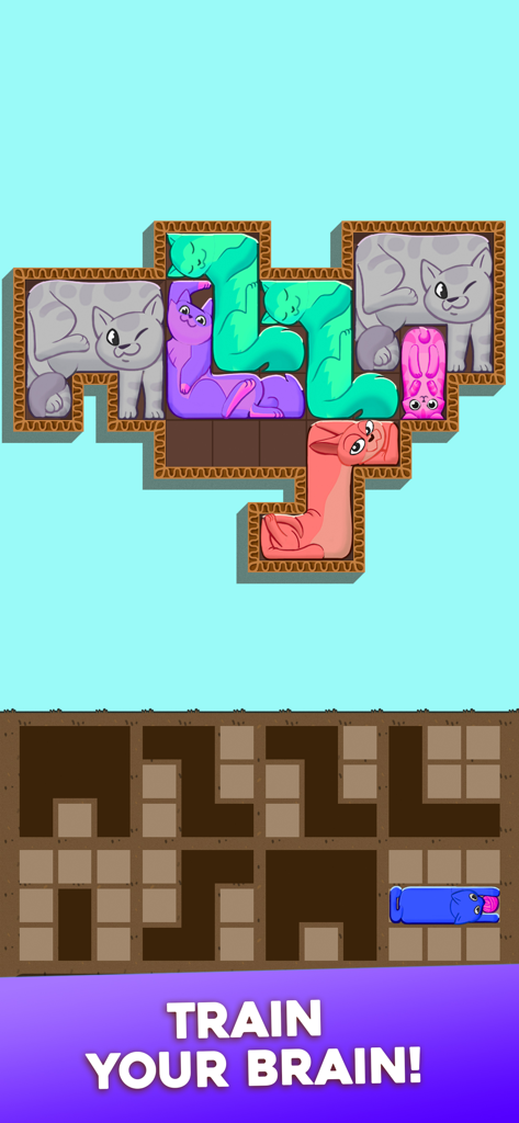Puzzle Cats· - Colorful cat shaped blocks fitted into a logic puzzle grid with the text Train Your Brain