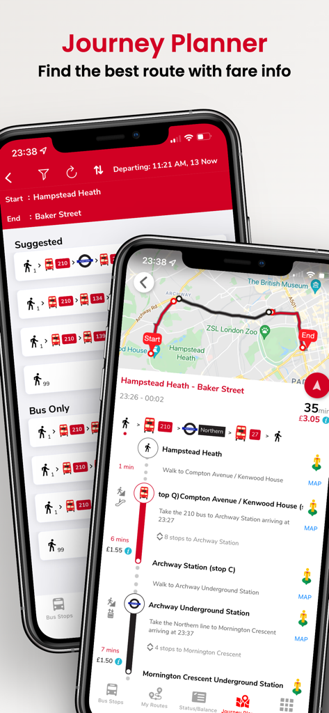 London and UK Live Bus Countdown journey planner showing routes and fare info