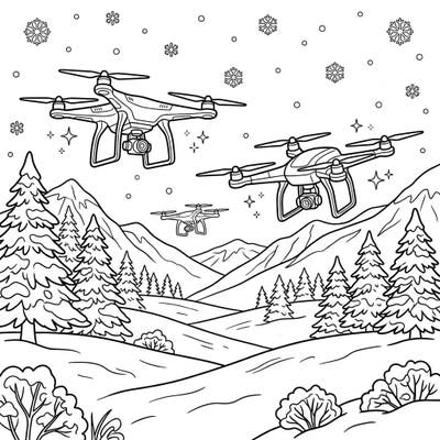 Soar through a majestic winter scene with this captivating drone coloring page. Unleash your creativity as you bring these high-tech flying machines and a snowy mountain landscape to life.