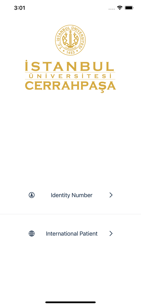 Login screen of the IU-Cerrahpaşa Mobil Randevu app with options for Identity Number and International Patient.