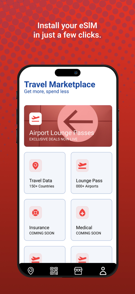 L2 Travel SIM app Travel Marketplace screen showing options for travel data and airport lounge passes.