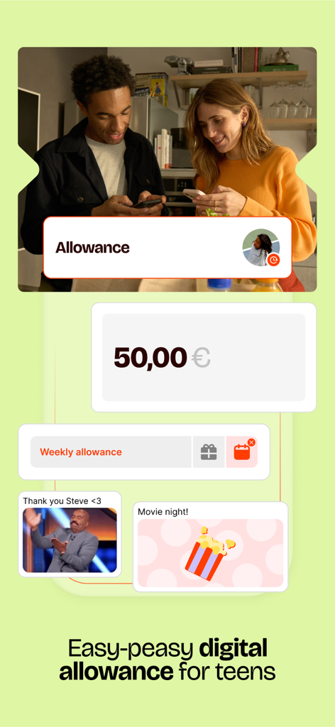 Satispay: Pay and invest - Satispay app interface showing a 50 euro digital allowance setup for teenagers