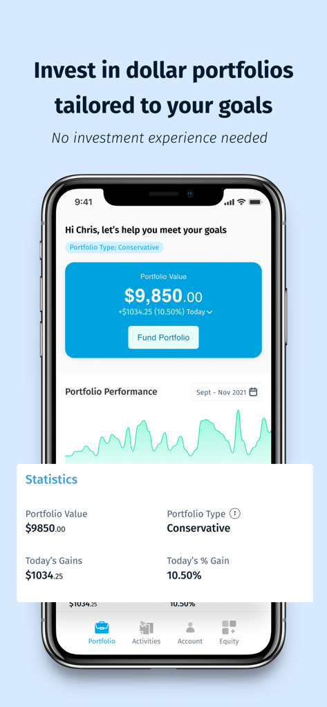 Chaka- Invest & Trade Globally - Chaka app interface showing a dollar investment portfolio performance with a growth chart and daily gains statistics