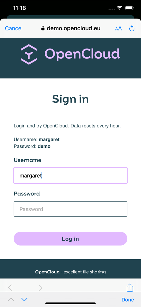 Page de connexion de l'application OpenCloud avec des champs pour le nom d'utilisateur et le mot de passe