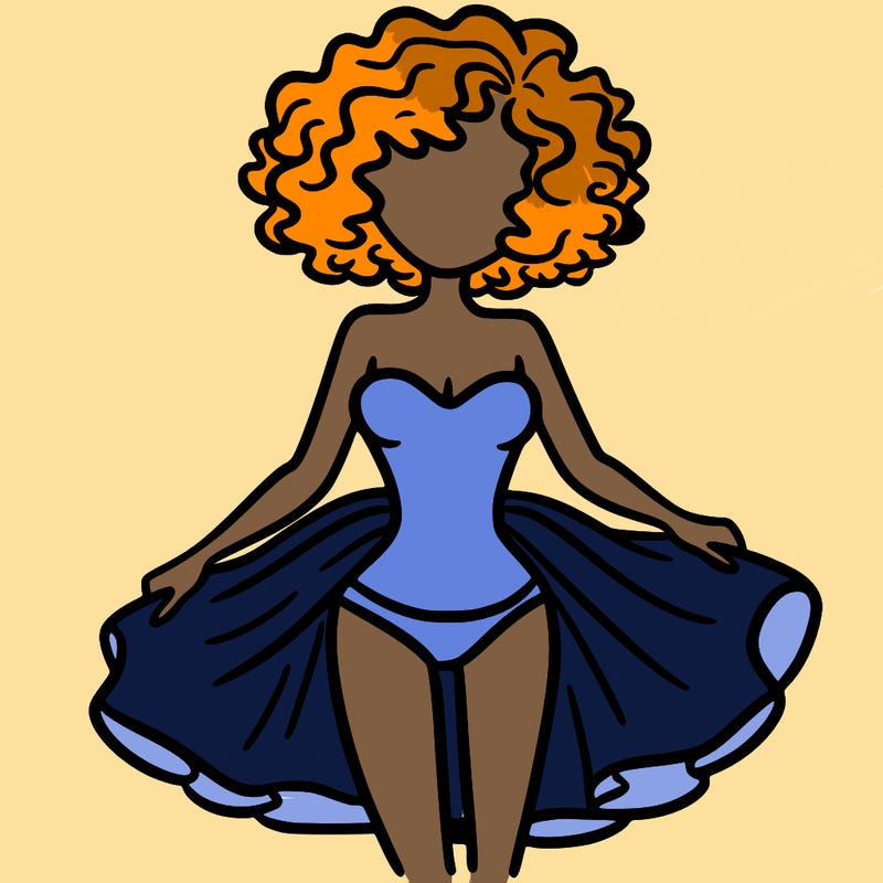 a very thin curly woman with short hair and a costume with a skirt that can only be seen up to her pelvis