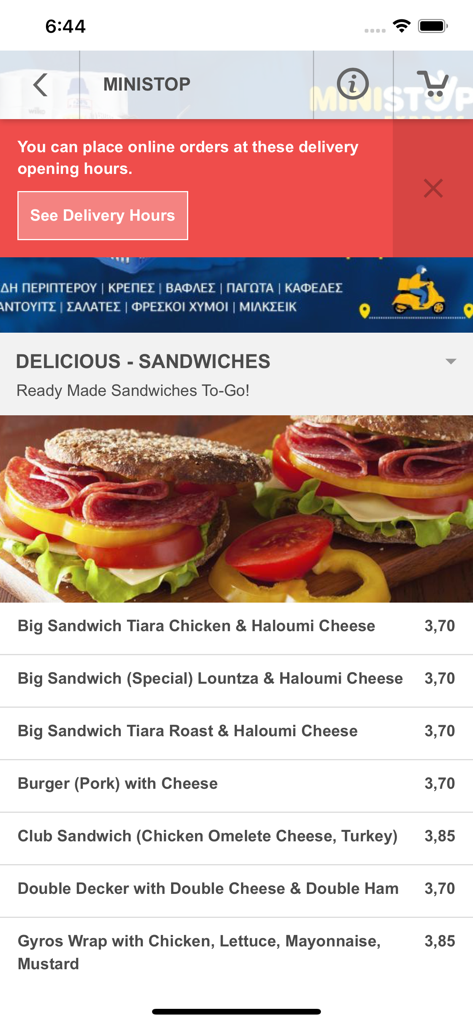Ministop Express - Ministop Express app menu displaying a list of sandwiches with prices