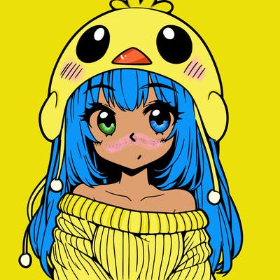 anime girl with chick shaped hat with sweater with bare shoulders with bangs covering them one eye with low tail