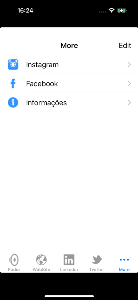 Rádio CBN Curitiba - El menú de opciones de la aplicación Radio CBN Curitiba con íconos y enlaces de redes sociales