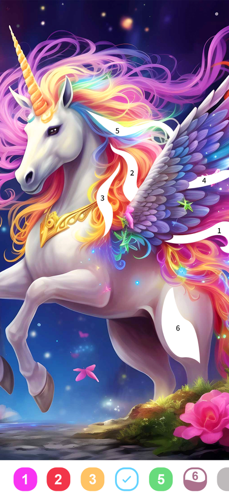 Ein majestätisches geflügeltes Einhorn mit einer Regenbogenmähne, das in einer Malen-nach-Zahlen-App-Oberfläche gefärbt wird
