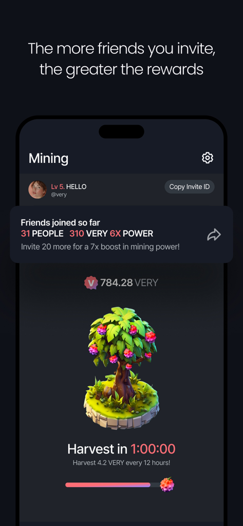 Screenshot of the Verychat mining interface showing accumulated rewards and the referral bonus system for inviting friends.