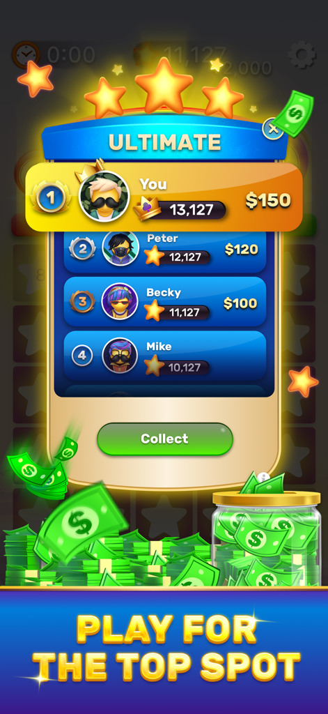 Bingo Stars game leaderboard showing a top player winning a cash prize